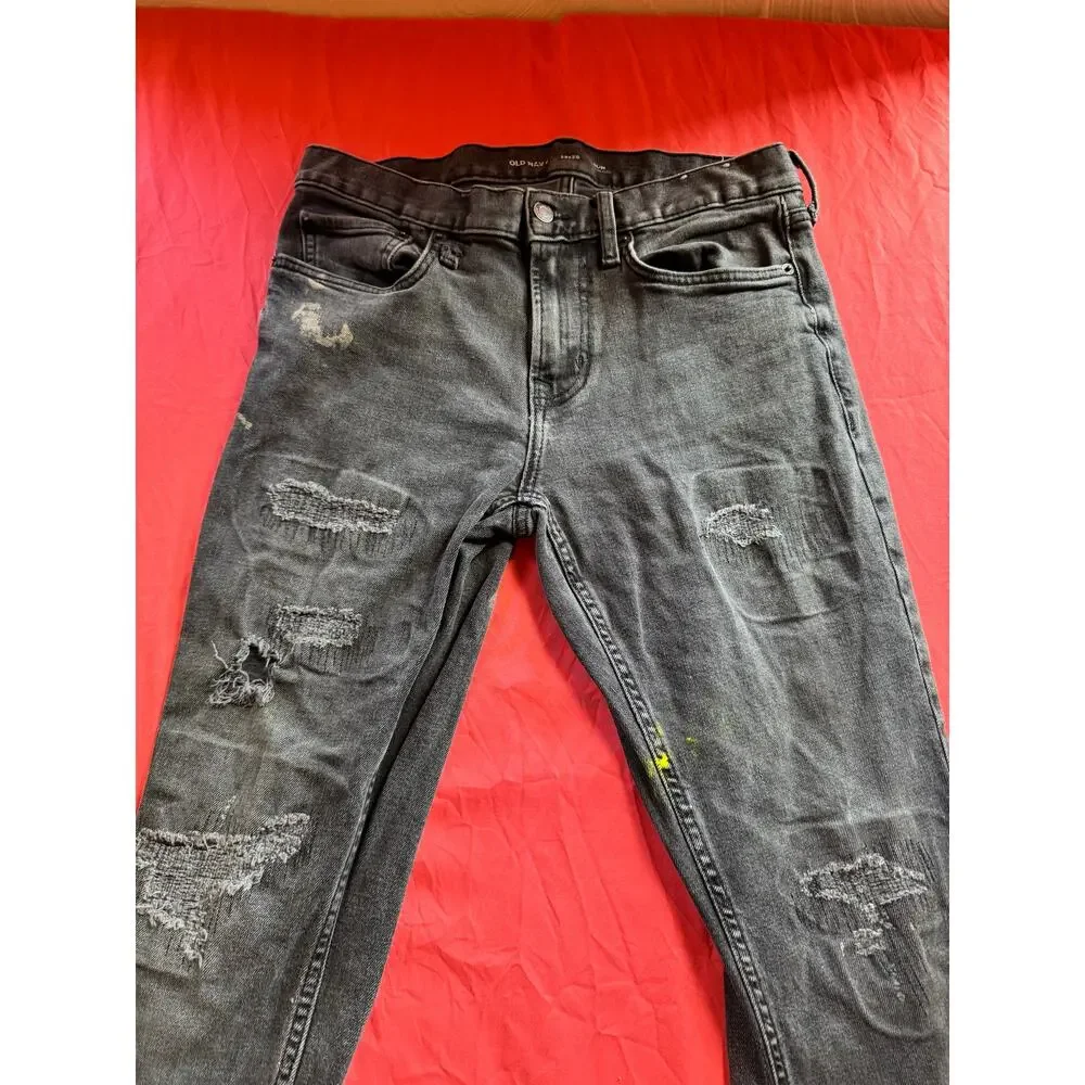 Old Navy Slim Built-In Flex Jeans 29x30 Heavily Flawed Bleach Paint AS-IS